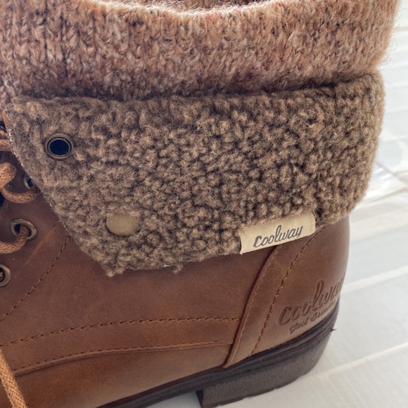 Brown leather lace up boots with knitted cuff detail by Coolway - Picture 3 of 16